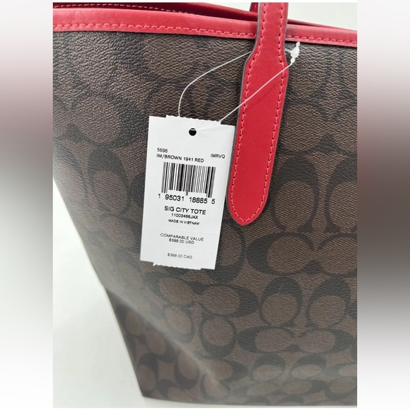 Coach NWT $398 Coach 5696 City Tote Signature Canvas Brown 1941 Red - Picture 3 of 13